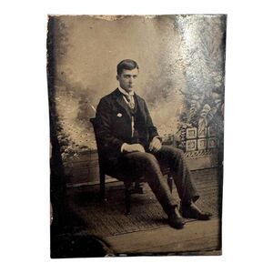 Antique 19th Century Tintype Photograph Young Boy Gentleman Man Suit Tie Vintage